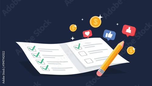 Business checklist with pencil surrounded by financial coins social media icons and success symbols on dark background.