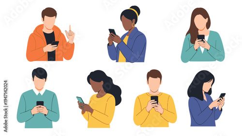 Diverse group of people using their smartphones for social media communication and browsing in flat character design.