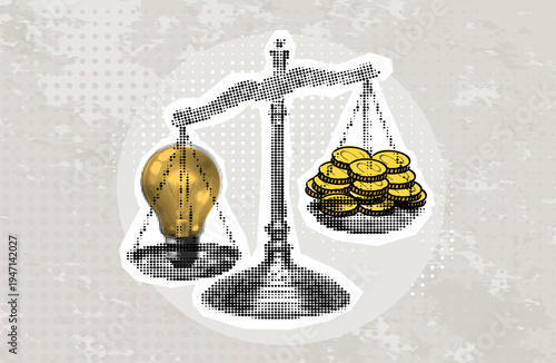 Modern halftone collage scales on which light bulb is heavier than coins. Concept that business idea is better than money. Collage poster with halftone elements. Vector illustration.

