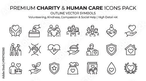 Collection of outline vector symbols illustrating essential charity concepts including generosity, helping the elderly, community support, donation, and secure guardianship elements.