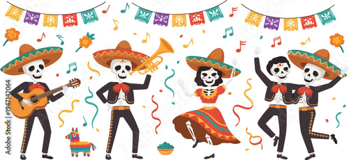 Day of the Dead Mexican Skeleton Fiesta Vector Set with Mariachi Musicians, Dancing Catrina and Festive Celebration Elements