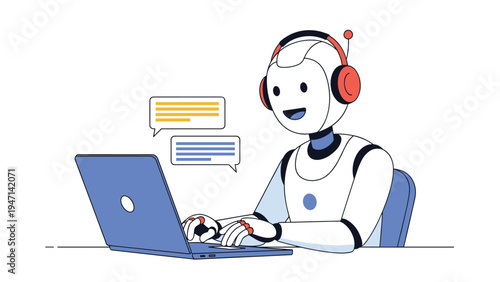Friendly robot wearing headphones working on laptop with speech bubbles in customer service and tech support concept.