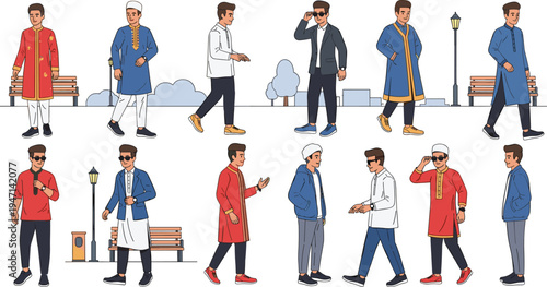Stylish young men wearing traditional and modern clothing walking talking and posing urban lifestyle male character collection cartoon vector illustration set for fashion design