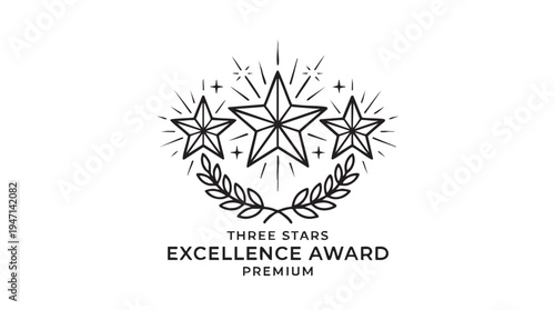 Minimalist black and white vector graphic illustration featuring three shining stars encircled by a stylized laurel wreath design representing an excellence award.