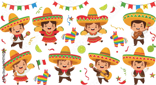 Cute Mexican Fiesta Cartoon Character Vector Set with Sombrero Kids, Tacos, Guitar, Pinata and Traditional Celebration Elements