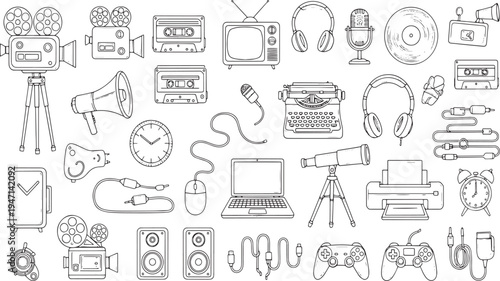 Collection of vintage and modern electronic devices media gadgets and office equipment technology icons in a hand drawn vector illustration doodle art