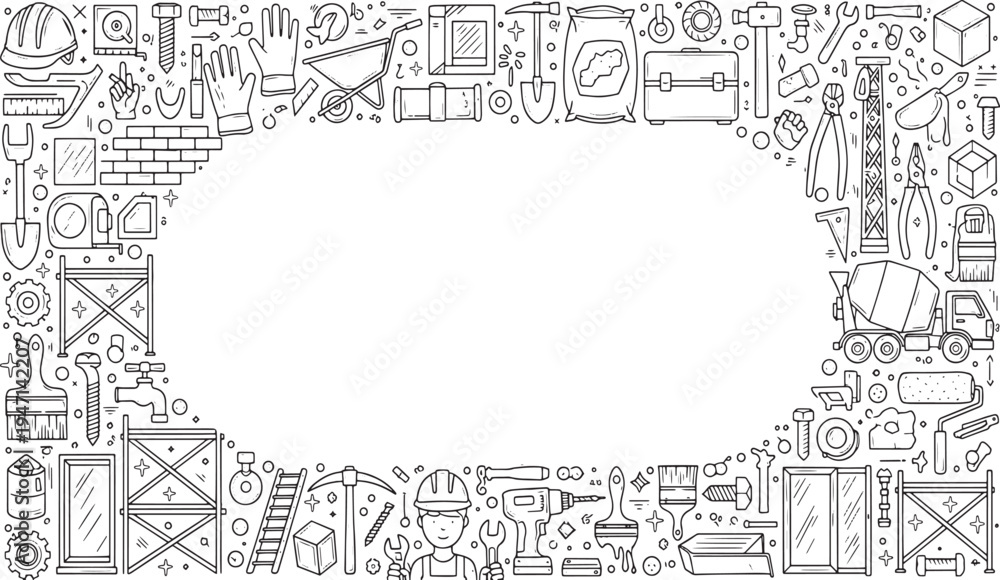 Obraz premium Building construction tools and equipment frame border for architecture renovation project engineering maintenance repair hand drawn vector illustration doodle art