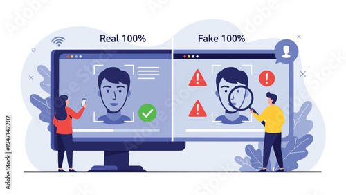Biometric face recognition screen comparing real and fake profiles for identity verification and fraud prevention.