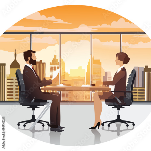 Business professionals meeting in an office setting with city view and sunset