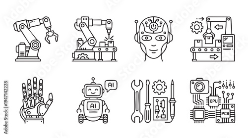 A collection of clean line art vector icons depicting various concepts related to robotics, artificial intelligence, industrial automation, and electronic circuitry design elements.