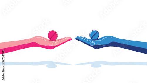 Two hands reaching towards each other offering red and blue pills choice representing different paths or reality.