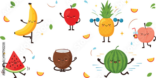 Cute Fitness Fruit Cartoon Character Vector Set with Banana, Apple, Pineapple, Watermelon and Coconut Doing Exercise Activities