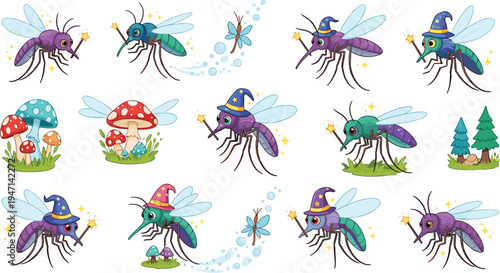 Cute magical mosquito wizard cartoon character collection with magic wand hat sparkles mushrooms and fantasy forest elements colorful vector illustration set for kids design