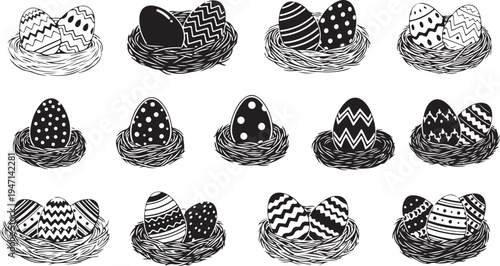 Assorted patterned eggs nestled in intricately woven nests isolated on transparent background, isolated on white background, Vector