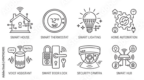 A comprehensive vector graphic design illustration set featuring eight essential icons for modern smart home technology devices and connected automation systems.