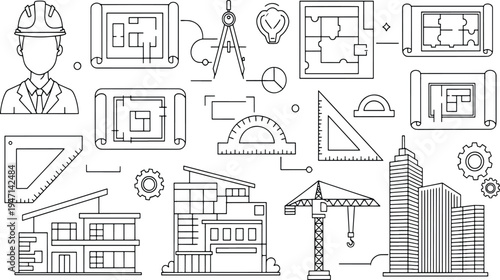 Professional architecture and construction engineering design elements including blueprint plans builder tools crane buildings and industrial development project icon set