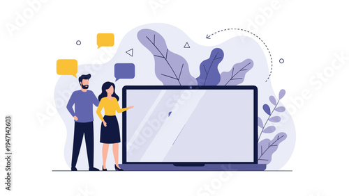 Business couple standing next to large blank laptop screen with speech bubbles for presentation and communication.