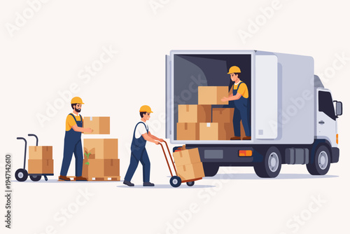 Professional movers in overalls and hard hats loading cardboard boxes into a delivery truck using hand trucks and pallets. Flat vector illustration for logistics, shipping, and transport.