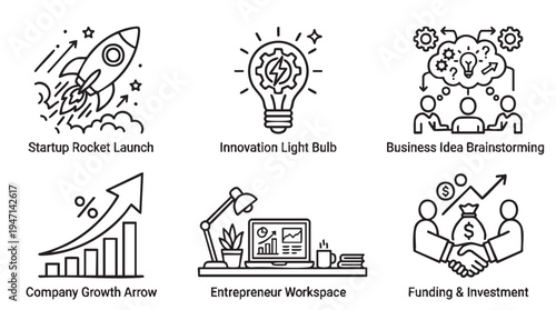 A collection of six essential business startup and entrepreneurship vector icons illustrating rocket launch, innovation, brainstorming, growth, workspace, and funding success elements.