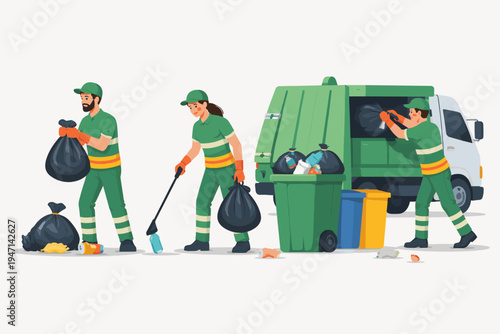 Sanitation Workers Collecting Garbage and Loading Trash Bags into a Garbage Truck, Professional Cleaners Picking Up Litter with Grabber Tool for Waste Management and Environmental Protection