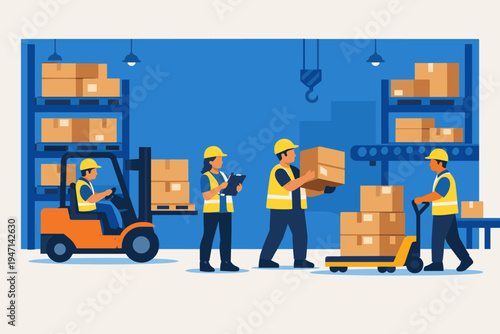 Warehouse workers in safety vests and helmets managing inventory with a forklift, pallet jack, and cardboard boxes on shelves in a distribution center flat vector illustration for logistics.