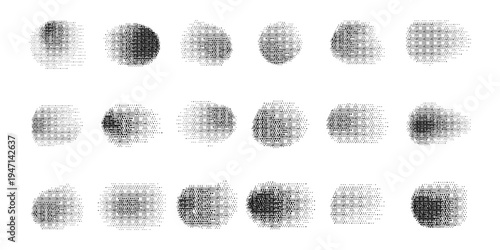  Glitch halftone sphere set with Bitmap digital distortion effect and pixel particle structure. Black and white geometric shapes isolated on white background for modern graphic and design projects