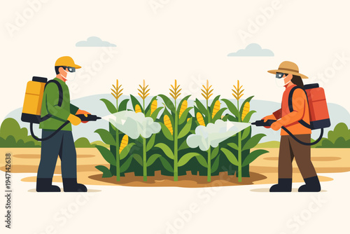 Farmers in Protective Gear Spraying Pesticide on Corn Crops, Flat Vector Illustration of Agricultural Workers Using Backpack Sprayers for Pest Control and Crop Management in Rural Farm Field.