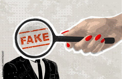 Modern halftone collage, hand holds a magnifying glass, scanning the person. The concept is that the person is not who they claim to be.