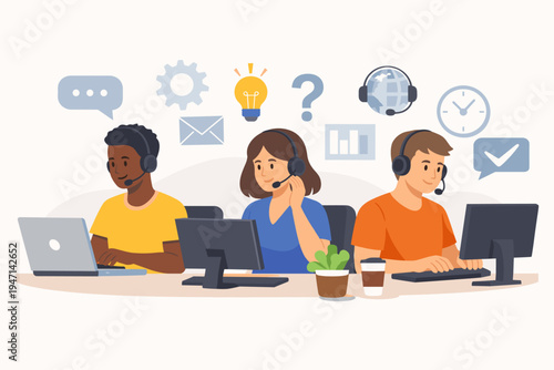 Diverse Customer Service Support Team with Headsets Working at Computers in a Call Center. Flat Vector Illustration of Agents Providing Global Assistance, Technical Help, and Business Solutions.