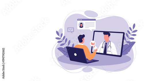 Patient having online video consultation with doctor on laptop for telemedicine and remote healthcare services.