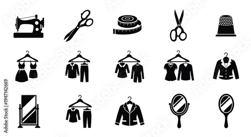 Collection of sewing and fashion icons including clothing tools and accessories on white background