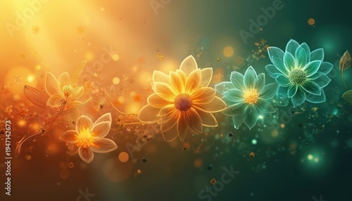 Glowing abstract flowers with soft color gradients float in a dreamy light background. Delicate petals appear translucent with intricate line details. Transition from warm orange to cool teal hues.