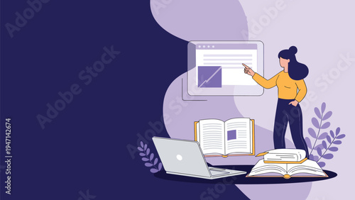 Student woman studying online with laptop books and educational graph on screen for distance learning and exams.