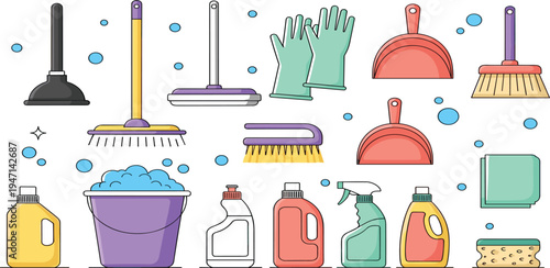 Cleaning Tools and Household Supplies Vector Set Featuring Mop, Plunger, Broom, Gloves, Detergent Bottles, Bucket, Sponge and Dustpan Icons
