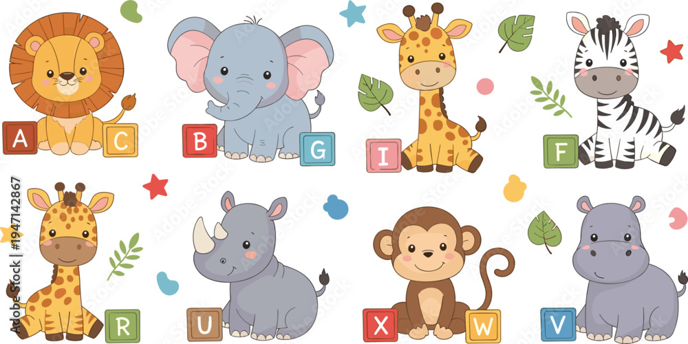 Obraz premium Cute Animal Characters Set with Lion, Elephant, Giraffe, Monkey, Zebra, and Rhino, Featuring Alphabet Blocks and Fun Icons for Kids' Educational Projects
