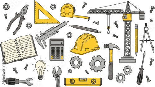 Building construction engineering tools and industrial architectural equipment collection for professional renovation work and diy technical project hand-drawn vector illustration doodle art