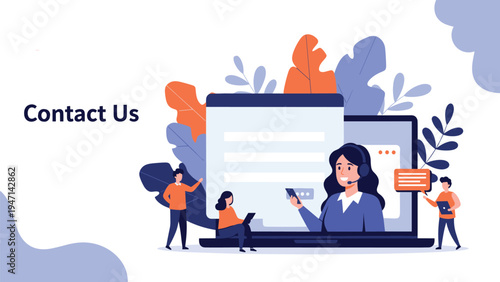 Contact us section with group of support team members and customer service representative on large laptop screen.