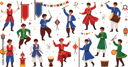 Traditional folk dancers celebration collection with colorful costumes drums lanterns and festival decorations cultural dance performance cartoon vector illustration set for events posters