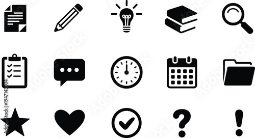 Business and Education Icons Including Document Pencil and Calendar on White Background Keywords: icon, symbol, set, collection