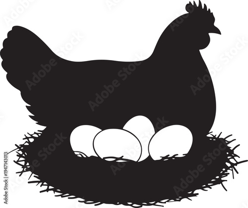 Vector silhouette of a chicken sitting on eggs in a nest isolated on Transparent Background