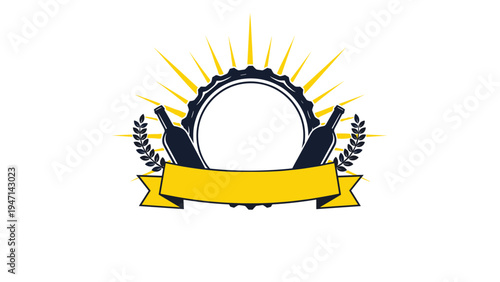 Vintage emblem for beer or wine with two bottles sunburst rays laurel wreath and blank yellow ribbon for text.