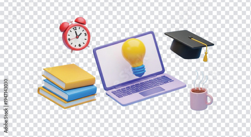 Education e-learning concept with laptop computer glowing lightbulb stack of books alarm clock graduation cap and coffee cup for virtual study space