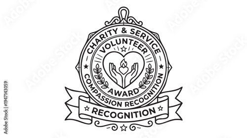 Detailed vector graphic illustration of a formal charity and volunteer service award emblem featuring hands holding a burning heart design for recognition.