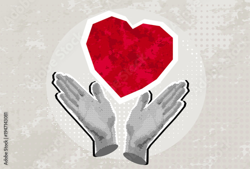Halftone hands holding heart. Valentines day greeting card. Concept of love, charity, hope. World heart day banner
