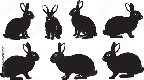 Set of 7 black rabbit silhouettes vector isolated on Transparent Background