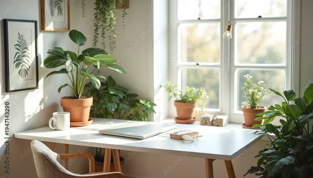 Fototapeta premium Bright home office by window with desk, laptop and plants. Minimalist interior design promotes remote work and study. Natural light creates cozy, productive atmosphere.