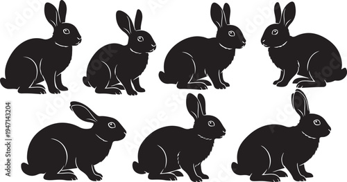 Set of 7 black rabbit icons vector isolated on Transparent Background
