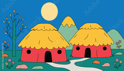 A vibrant digital illustration of two traditional straw roof huts nestled in a peaceful landscape