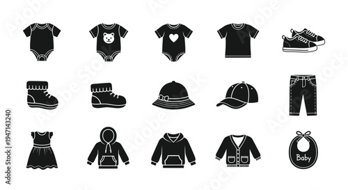 Black baby clothes and accessories icons set on white background for nursery or parenting design