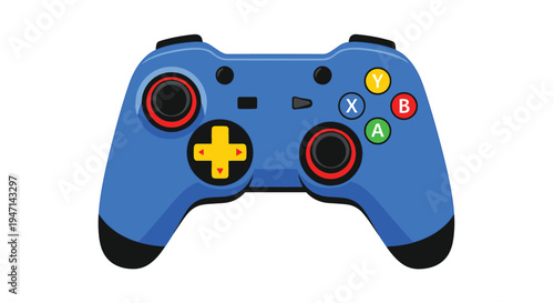 Blue gamepad with colorful buttons and joysticks for gaming
